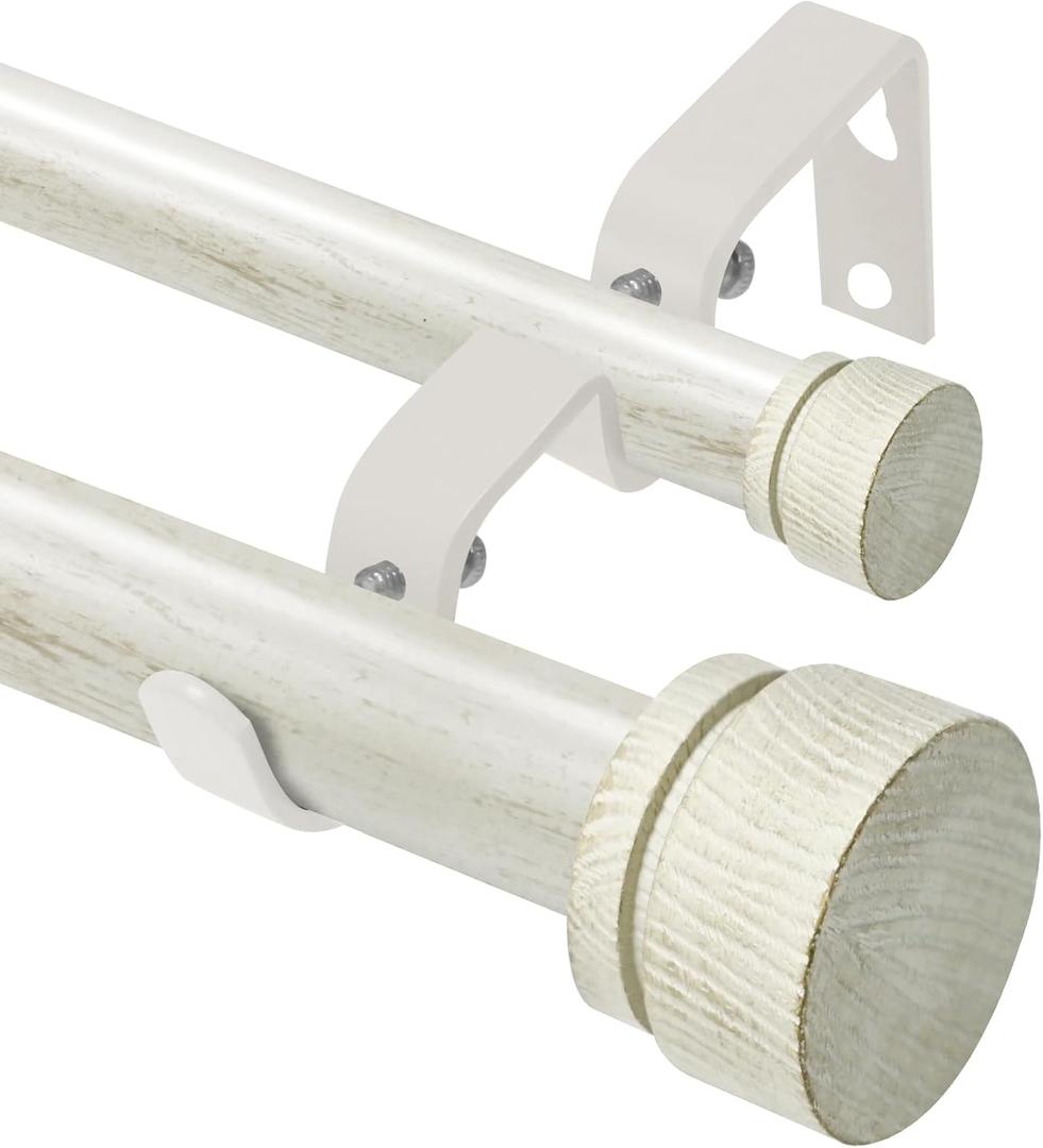 White Wood Double Curtain Rods for Windows 28 to 48 Inches, 1-Inch Diameter Heavy-Duty Adjustable Boho Double Curtain Rods, With Wood Grain Finials for Farmhouses, Bedrooms, And Living Rooms.