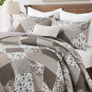 HIARUO Quilt Set Queen Size 3 Pieces Floral Patchwork Comforter Bedspread Boho Plaid Coverlet Reversible Lightweight Farmhouse Bedding with 2 Pillow Covers Shams for All Season, Brown (Queen (90"x90"))
