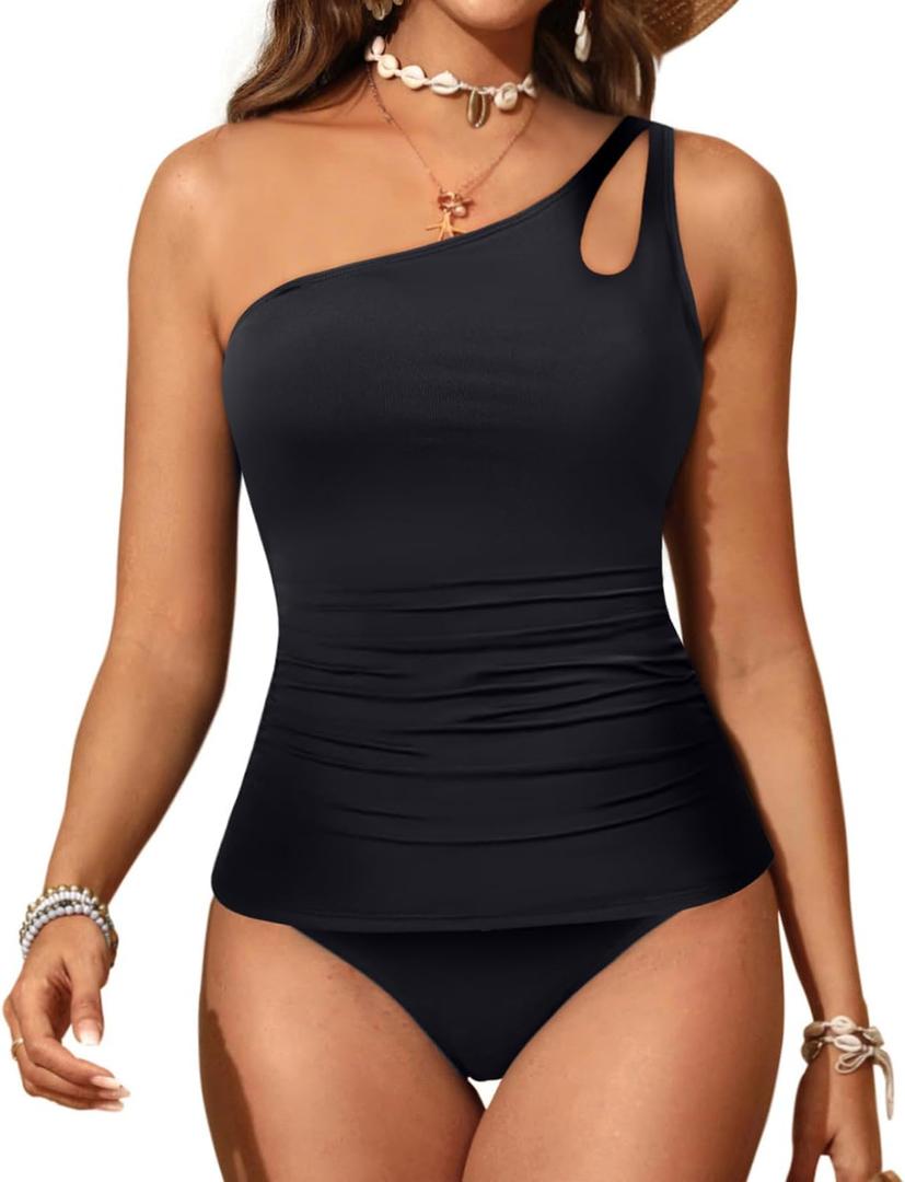 Talisea Two Piece Tankini Bathing Suit One Shoulder Swimsuit for Women Tummy Control Swimwear (Medium, Black)