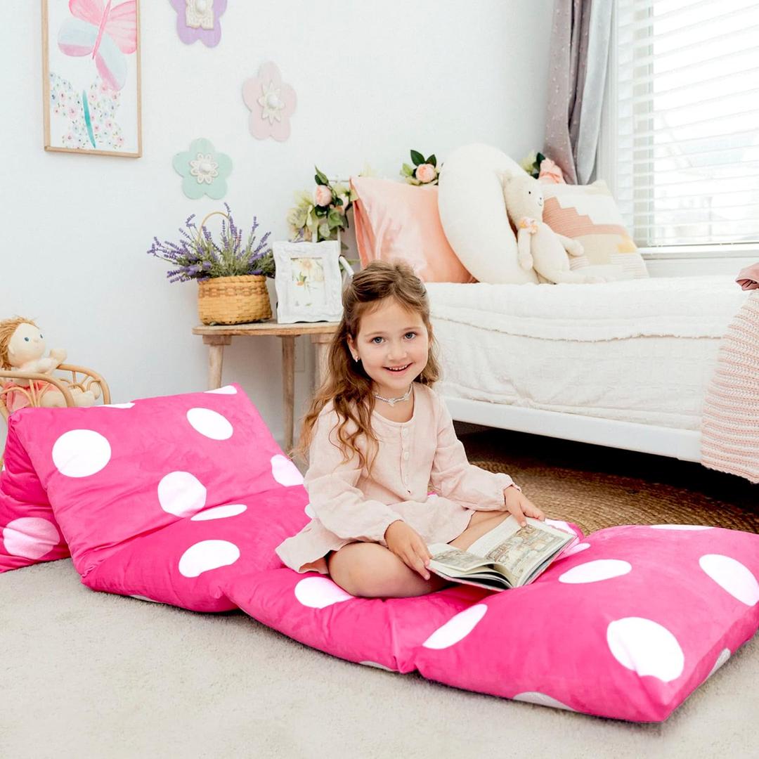 Butterfly Craze Floor Pillow Case, Mattress Bed Lounger Cover, Polka Hot Pink, Queen Size - Cozy Seating Solution for Kids & Adults, Recliner Cushion, for Reading, TV Time (Pillow Not Included)