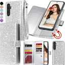 Varikke for Galaxy S24 FE Wallet Case Detachable with Card Holder for Women, Fashion PU Glitter Leather Strap Magnetic Flip Wallet Removable Phone Case Cover for Samsung Galaxy S24 FE 5G 6.7", Silver