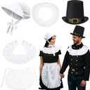 Breathffy 5 Pcs Thanksgiving Couple Costume Pilgrim Costume Women Colonial Set White Bonnet Shawl Apron and Men Pilgrim Set Hat in Black Color Shawl for Halloween Cosplay Adults Dress up Accessories