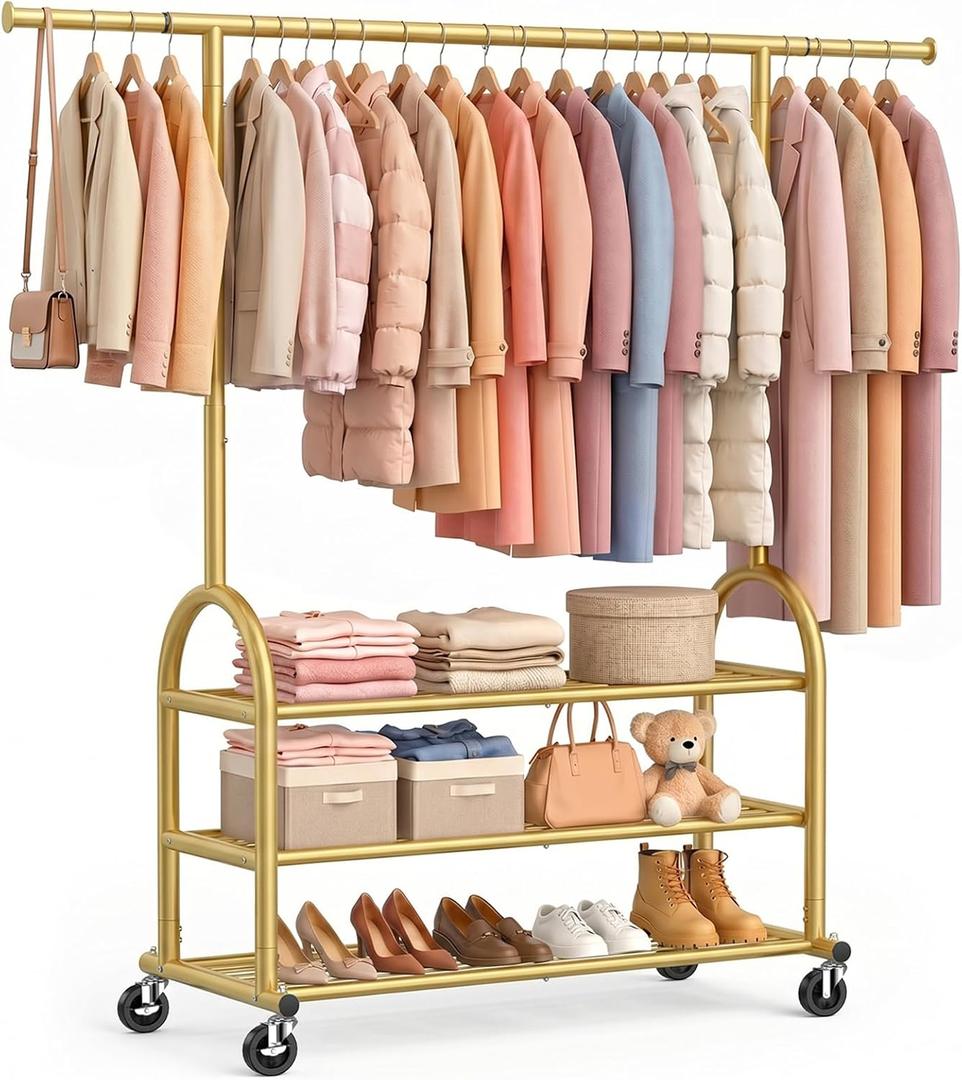Heavy Duty Clothes Rack for Hanging Clothes Load 688 LBS, Height Adjustable Rolling Clothing Racks, Portable Metal Coat Rack Garment Wardrobe with Wheels and 3 Shelves for Bedroom, Gold