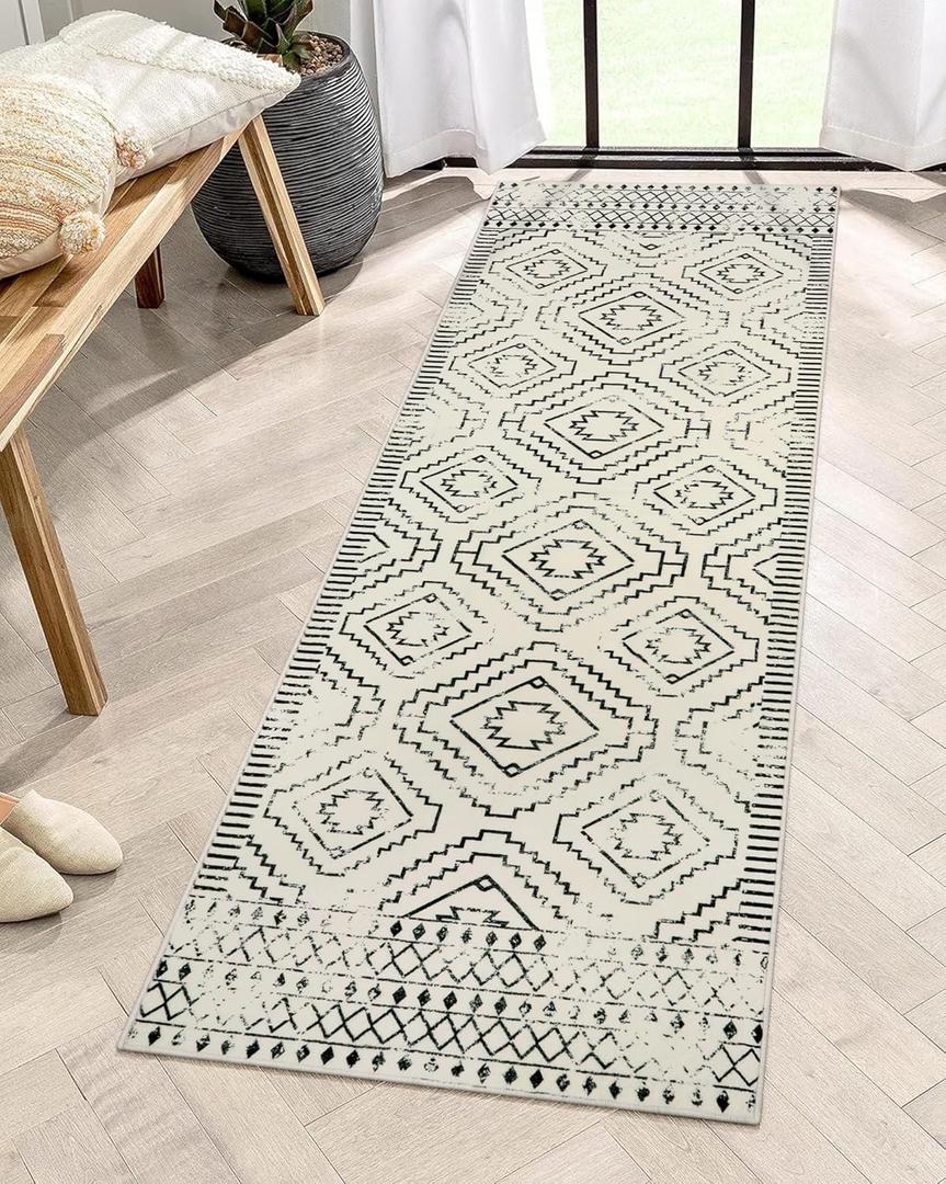 Wonnitar Moroccan Washable 2x6 Runner Rug for Hallways, Non-Skid Carpet Runners for Kitchen, Boho Farmhouse White Non-Shedding Laundry Room Throw Mat for Bathroom Closet Bedroom (Beige,2'x6')