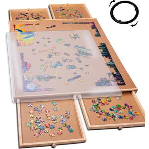 PlayVibe 1000 Piece Rotating Puzzle Board with Drawers and Cover - Sturdy Jigsaw Puzzle Table with 4 Drawers 22 x 30" - Portable Puzzles Boards with Lazy Susan, Wooden, Spinning Puzzles Accessories (1000 pcs - Rotating)