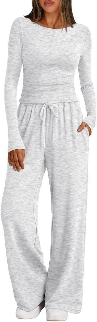 Trendy Queen Women's 2 Piece Matching Lounge Set Boat Neck Slim Fitted Top Wide Leg Pants Casual Tracksuits (Medium, Oatmeal Grey)
