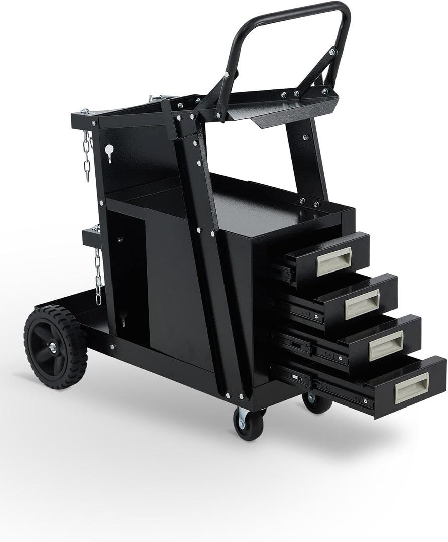 Garvee Welding Cart with 4 Drawers Utility Cart on Wheels for MIG Welder TIG Welder and Plasma Cutter, Heavy Duty Storage 360 Rolling Welding Trolley, Welders Tool Kit Cart, Black