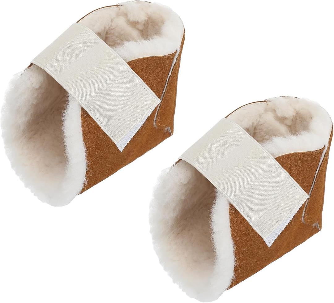 2 Pcs Heel Protectors for Pressure Sores Sheepskin Heel Pads Soft Foot Cushions Pad Protectors Adjustable Foot Pillows with Securing Strap for Bed Sore Ankle Ulcers (Brown)