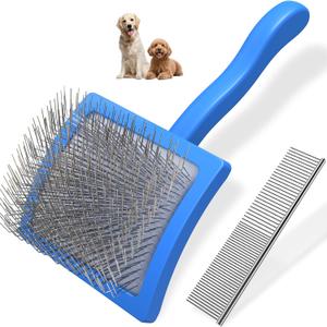 2PCS Slicker Brush for Dogs & Pet Comb,Professional Dog Grooming Brush (Goldendoodles,Poodles,Labradoodles) with Extra Long Pins to Effectively Remove Tangles, Knots and Mats (Blue, Large)