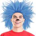 ANOGOL Hair Cap+ Blue Crazy Wig, Unique Spiky and Funny Wigs, Funky Fuzzy Wigs, Pelucas Para Payasos, Short Blue Wig for Anime Cosplay Halloween Costume Party Outfit