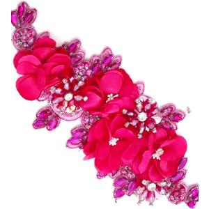 1pc Handmade Rhinestone Applique for Clothes, 3D Flower Fabric Patches for Wedding Dress, Bling Beaded Embroidery Lace Applique for Hat Hairband Sewing Embellishment (Hot Pink)