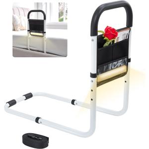 Bed Rail for Elderly Adults Safety with Motion-Activated Light & Non-Slip Grab Bar, Bed Assist for Seniors with Storage Pocket & Fall Prevention Guard, Fits King, Queen, Full, Twin Bed (White)