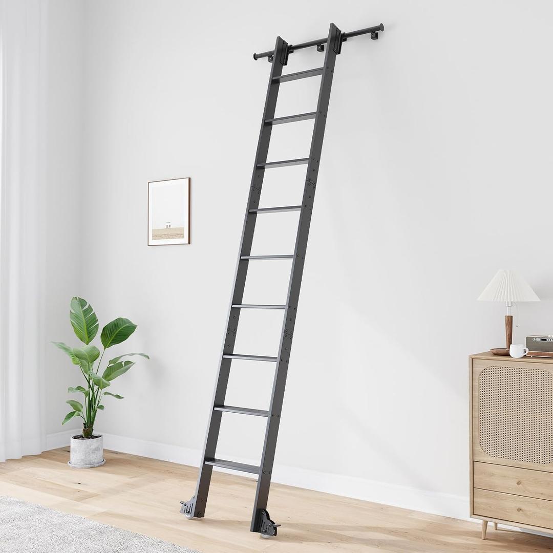 Fredbeck 10FT Rolling Library Aluminium Step Ladder 120" with 4FT Sliding Hardware Track Kit Bottom Wheel Included,for Kitchen,Loft,Warehouses,Bookstore,Atti,Dressing Room,Metal Black