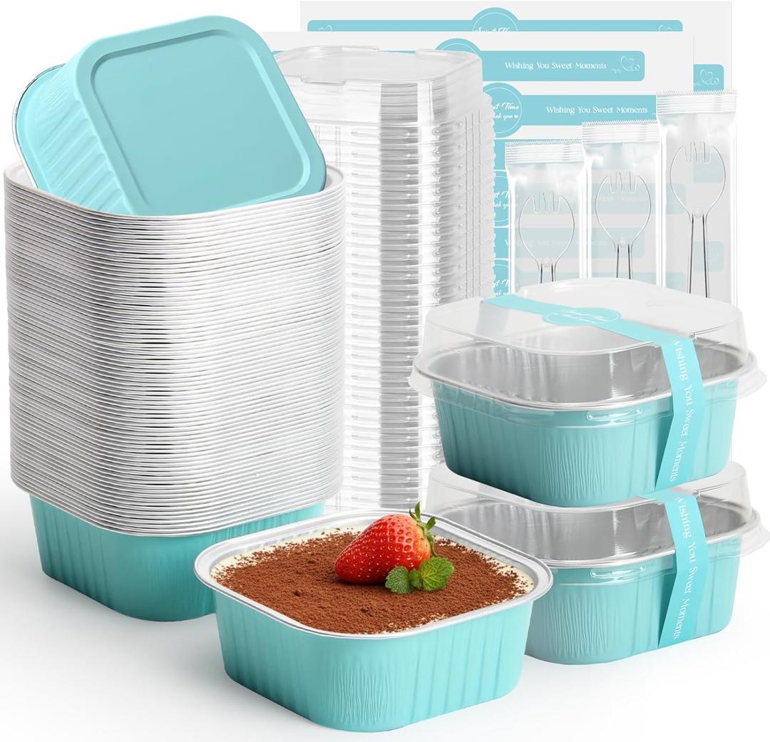 Ruckae 10oz 100 Pcs Square Mini Loaf Pans with Lids-Disposable Foil Dessert Containers,Mini Cake Pans with Lids,Aluminum Dessert Cups for Parties and Weddings (Light Blue, 10oz)