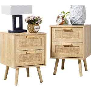 Finnhomy Nightstands Set of 2, Night Stands Set 2 with Hand Made Rattan Decorated Drawers, Nightstand, End Table, Bedside Tables Set of 2 for Bedroom, Natural, 2 Pack