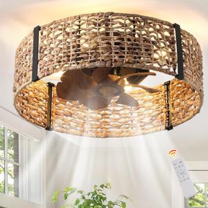 Ganeed 20" Boho Fandelier Ceiling Fan with Light, Rattan Caged Ceiling Fan with Light and Remote Control, Quiet Reversible Motor Enclosed Low Profile 6 Speeds for Bedroom Living Room Porch Kids Room