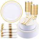WDF Partyware 350Piece Gold Dinnerware Set for 50 Guests - Gold Plastic Plates with Disposable Cutlery Include:50Dinner Plates-50Dessert Plates-50Pre Rolled Napkins with Silverware for Wedding