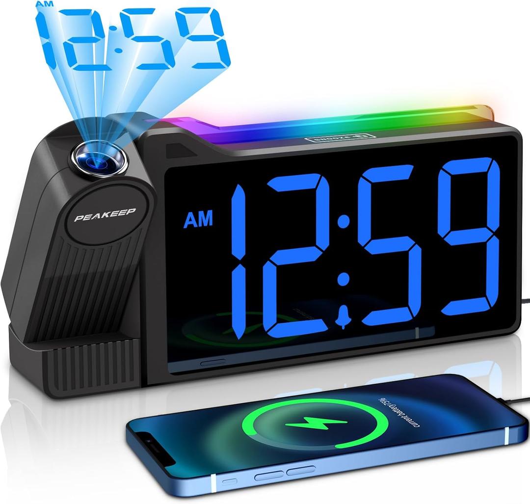 Peakeep Projection Alarm Clock for Bedroom Ceiling 180 Rotatable, Loud for Heavy Sleepers, Colorful Nightlight, 5 Brightness Dimmable Large Number Bedside Electric LED Digital Clock with USB Port (Blue Digits; Blue Projection)