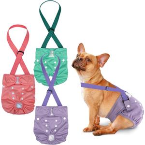Pet Soft Dog Diapers Female with Suspenders, 3 Pack Reusable Female Dog Diapers for Heat, Dog Period Panties for Doggie in Cycle(Small, Pinkycolor) (Small:10''-14'')