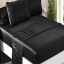Niagara Sleep Solution Satin Queen Bed Sheet Set 4 Pieces Black Silky Smooth Bridal Satin Deep Pocket Fitted, Flat, 2 Pillow Cases Wrinkle Stain, Fade Resistant (Black Satin, Queen)