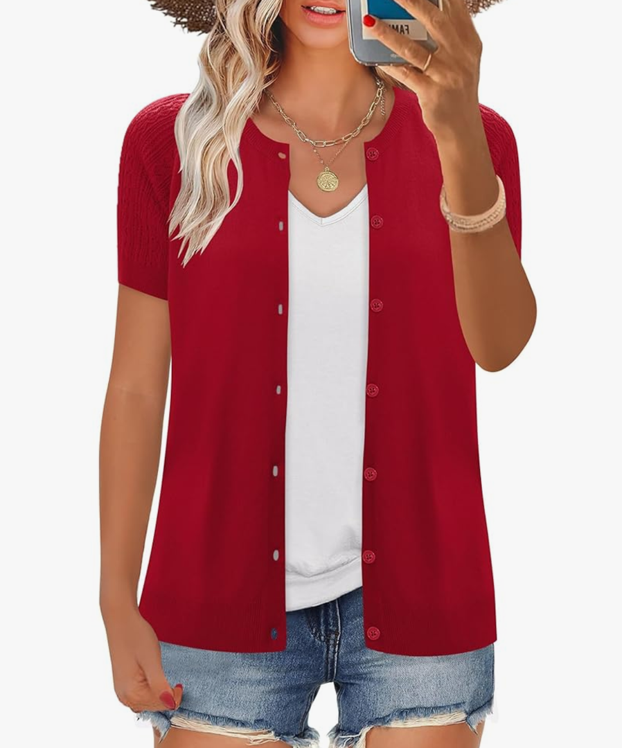 Women's 2025 Short Sleeve Cardigan Button Up Hollowed Out Crewneck Shrug Sweaters Knit Sweater Tops Lightweight M