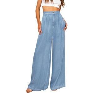 GRAPENT Wide Leg Pants for Women High Waisted Jeans Palazzo Pants Lightweight Summer Beach Flowy Trousers Y2K (Medium, Air Blue)