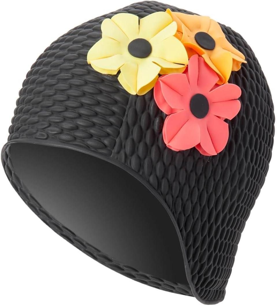 Sporti Bubble Swim Cap, Women Protection Bathing Cap, Anti-Slip Interior Grip, Made from Latex/Rubber & Keep Head Warm (Black/Mixed Flowers)