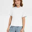 ZDC Girls Pleated Short Sleeve T Shirts Summer Crewneck Tops Casual Cute Basic Tees 5-14 Years White