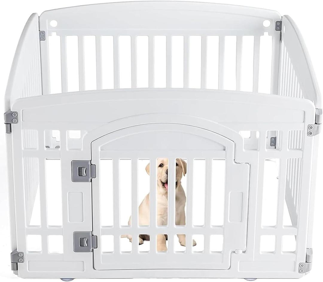 Sweetcrispy Plastic Dog Playpen - 4-Panel 24" Expandable & Durable Pet Fence for Medium Dogs - Indoor & Outdoor Portable Puppy Playpen with Secure Locking Door, White
