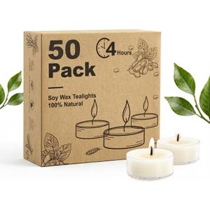 Unscented Soy Tea Lights Candles 50 Pack Bulk, 4 Hours Long Burning White Tea Lights,Non-Paraffin, Smokeless, Mini Tealight Votive Candles for Wedding, Table Centerpiece, Christmas Lights