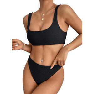 Two Pieces Bikini Sets Swimsuit Sports Style Low Scoop Crop Top High Waisted High Cut Cheeky Bottom, Small, Black Crinkle