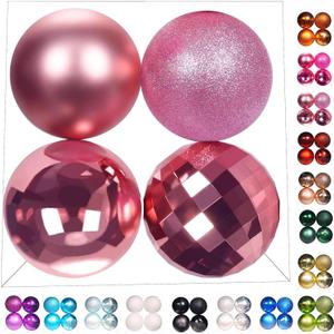 Emopeak 4Pcs Christmas Balls Ornaments for Xmas Christmas Tree - 4 Style Shatterproof Christmas Tree Decorations Hanging Ball for Holiday Wedding Party Decoration (Pink, 4"/10CM)
