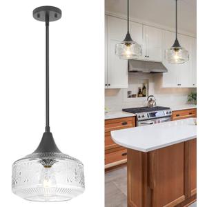 Black Pendant Lights Kitchen Island, Pendant Light with Large Thickened Glass Lampshade, Vintage Pendant Light Hanging Light Fixture for Dining Room Hallway Bedroom, E26 Base & Adjustable Cable (9.25in)Black+Clear