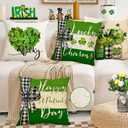 RABUSOFA St Patricks Day Outdoor Waterproof Throw Pillow Cover,16x16 Inch Charm Clover Buffalo Plaid Shamrock Heart Stripes Cushion Case Decoration for Couch (Green)