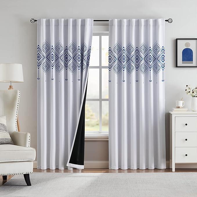 100% Blackout Bohemian Curtains 84 Inch Long for Bedroom, Blue Aztec Pattern Curtains for Living Room Darkening, Thermal Insulated Window Drapes, Curtains