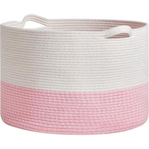 Extra Large Cotton Rope Basket 22" x 14"| Toy Basket (White & Pink)