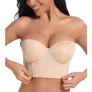 HACI Women's Plus Size Longline Strapless Bra Bustier Full Coverage Anti Slip Underwire Corset Top Body Shaper Tummy Control (38DDD, Beige)