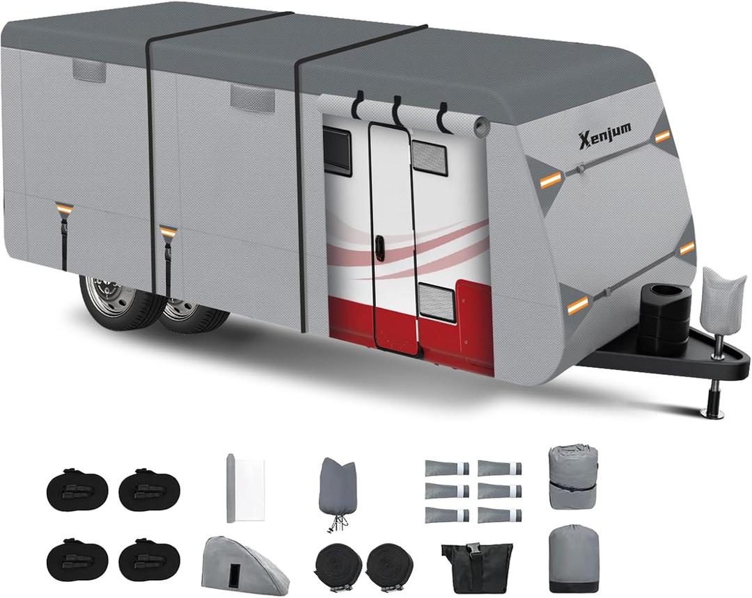 RV Cover for 14-16 ft Travel Trailers, 7-Layer Heavy Duty Weatherproof & UV Resistant with Gutter & Tongue Jack Covers