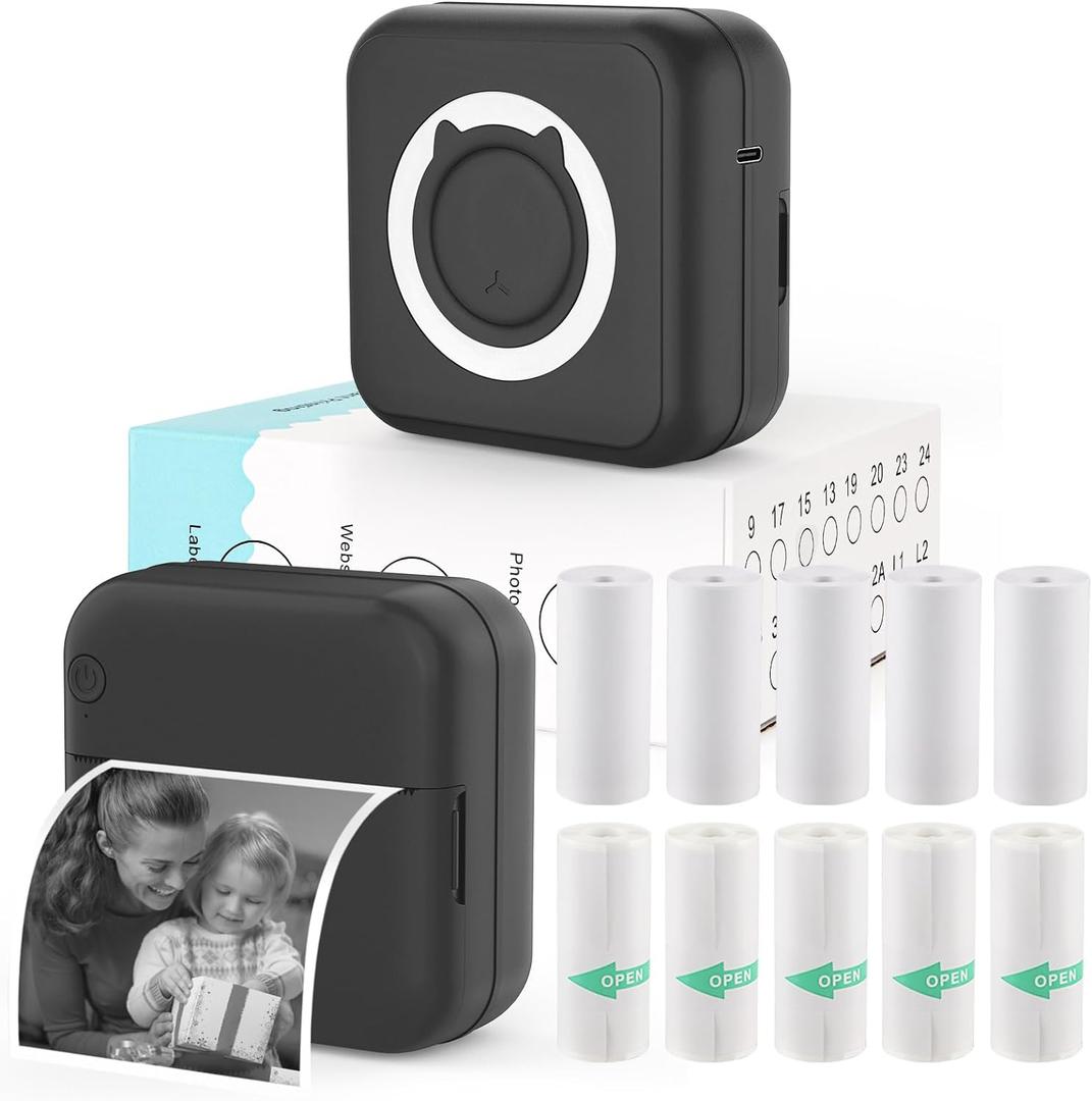HUIJUTCHEN Mini Photo Printer - Portable Pocket Sticker Printers for iPhone Thermal Printer with 10 Rolls Thermal Paper for Photo, Memo, Journal - Black