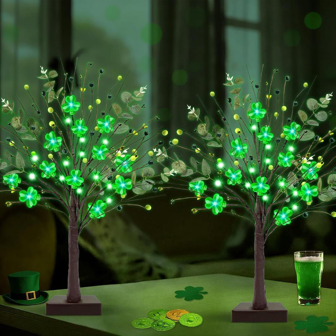 Prelit & Timer - St. Patrick's Day Decorations, 2 Pack 24"/2FT Lighted St Patricks Day Tree Tabletop 24 LED Green Shamrock Lights Berries Eucalyptus Battery Operated St Patricks Day Decor Home Party