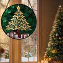 Stained Glass Window Hanging - Golden Christmas Tree Suncatcher for Doors Home Christmas Decoration Winter Sun Catcher Thanksgiving New Year Birthday Gifts for Women Men Mom Nana Girl 9.8 in (Green and Gold)