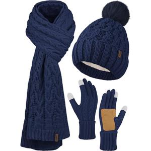 Aneco Women Winter Beanie Hat Scarf Gloves Set Warm Fleece Cap with Pompom Knit Anti-Slip Touchscreen Gloves for Cold Weather Blue
