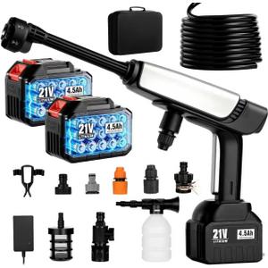 Cordless Pressure Washer Battery Powered,Portable Power Washer with 2pcs 4.5Ah 21V Battery&Charger & 6-in-1 Nozzle,2 Power Level & on/Off Button,Handheld Pressure Washer for Car,Home,Garden Patio