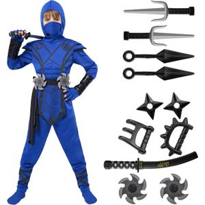 Spooktacular Creations Halloween Ninja Costume Kids, Ninja Dragon Jumpsuit Set, Boys Halloween Costume for DressUp Party (Medium(8-10 yrs), Blue+black)