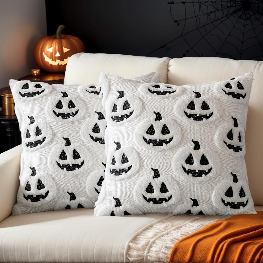 Fall Halloween Throw Pillow Covers 18x18 Set of 2 - Autumn Pumpkin Decor Pillow Cases - Faux Fur Decorative Pillows for Home Patio Couch Sofa - White