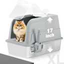 Stainless Steel Cat Litter Box Fully Enclosed, Extra Large Metal High Sided Cat Box with 120 Fully Transparent See-Through Flip Lid, Scoop & Mat - Grey - XL