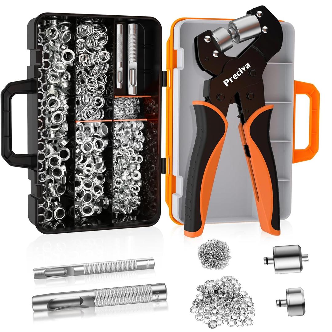 Preciva Heavy Duty Grommet Tool Kit with 400pcs Grommets - 1/4", 3/8" Hole Punch & Handheld Eyelet Plier for Tarps, Tents, Canvas, Vinyl & Leather Fabric