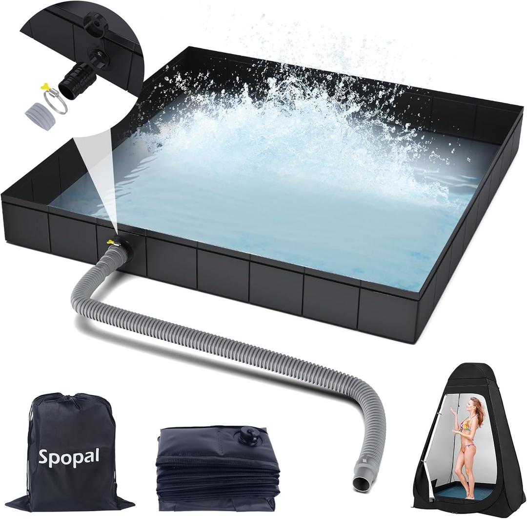 Portable Shower Pan, Foldable Shower Base & Basin Floor with Detachable Drain Pipe, for RV, Outdoor, Indoor Shower Stall Enclosures (Black)