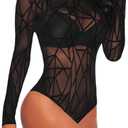 Aranmei Long Sleeve Bodysuit for Women Mesh Bodysuit Turtleneck Sheer Tops Geo Print Leotards (Medium, Black)