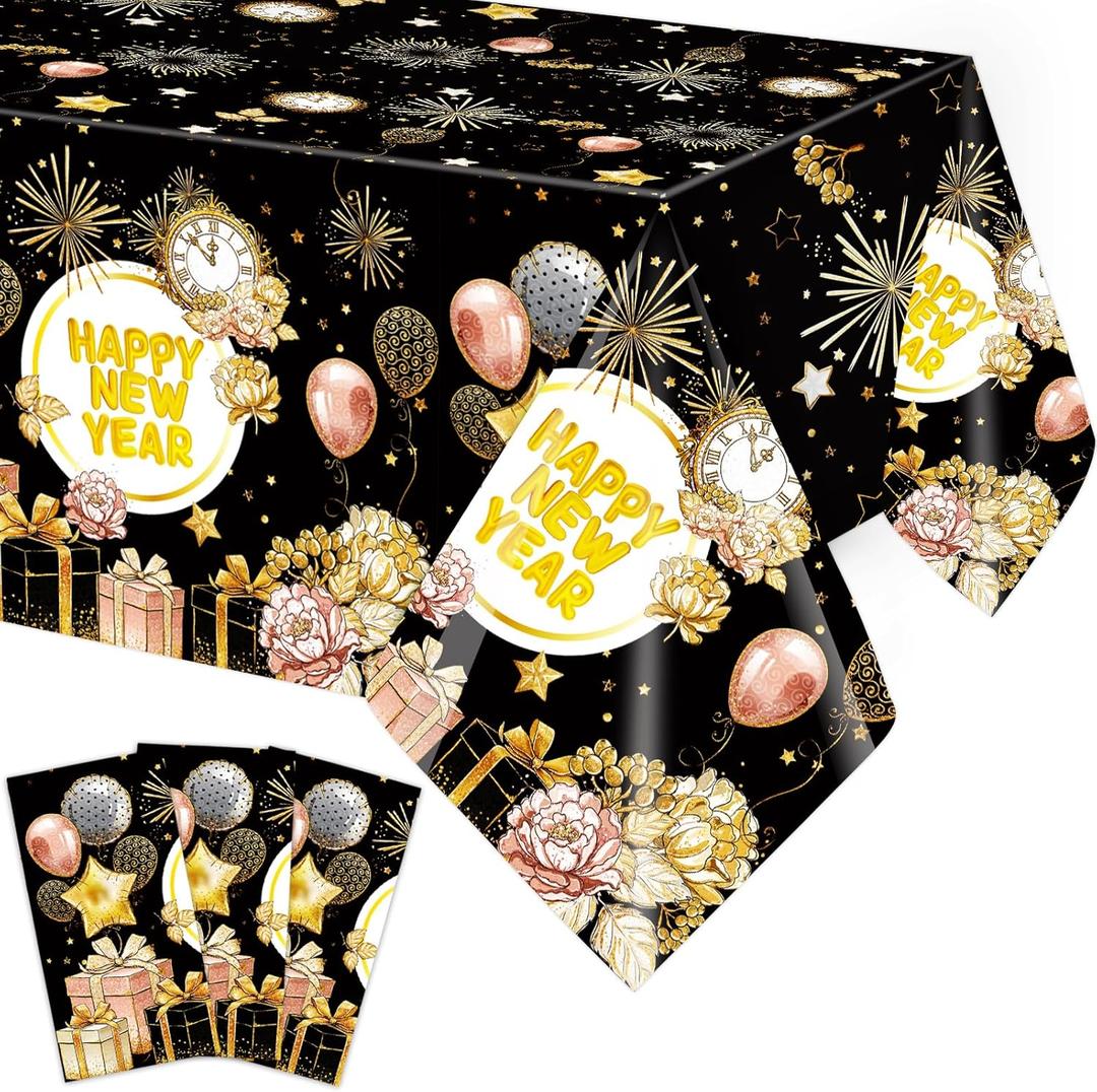 Fancy Land 2026 Happy New Year Tablecloths 3 Pack New Years Eve Party Decoration NYE Disposable Plastic Tablecloths 54 x 108 Holiday Party Table Cover Decoration